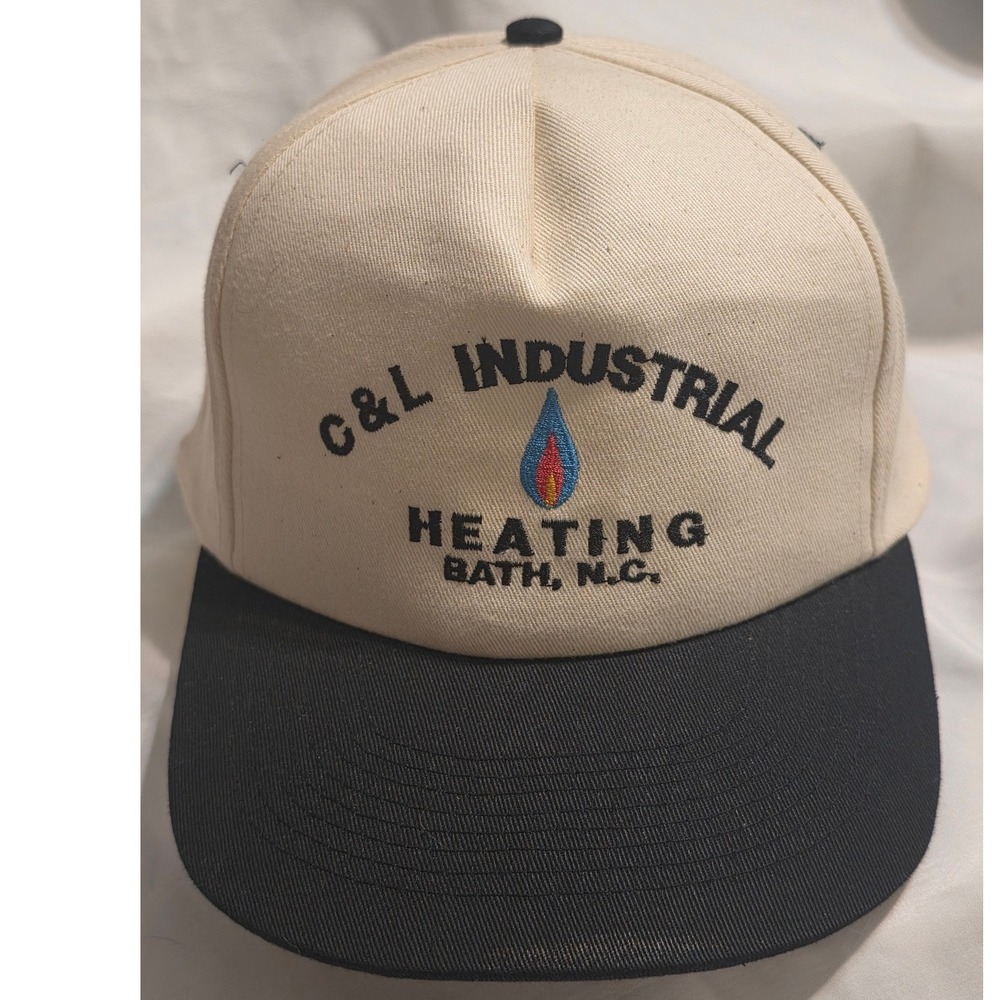 Vintage C&L Industrial Heating Bath NC Snapback Hat Cream Navy Blue Two Tone Cap